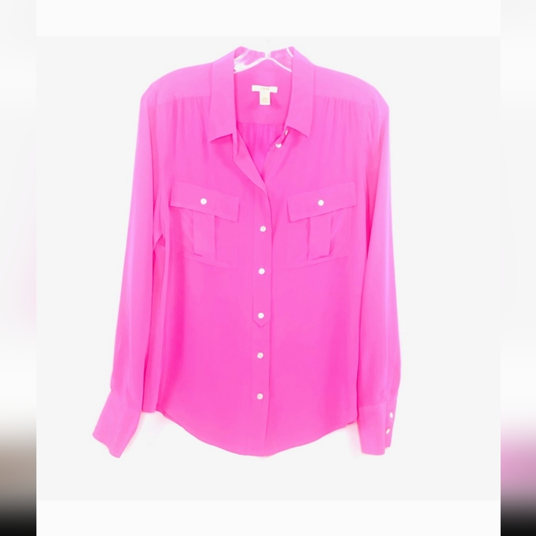 [ J Crew] 100% Silk, Women's Size 4 Hot Pink Long Sleeve Button Down Blouse Top.